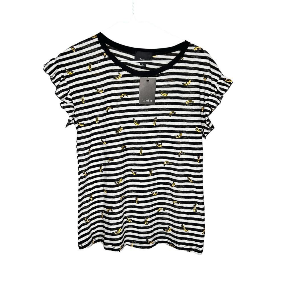 ☀️Lumiere Black White Striped Banana Print Short Sleeve Crewneck T-Shirt M NWT